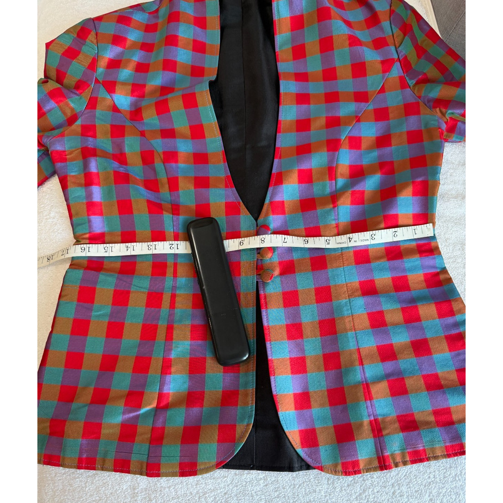 Y2k Statement Reversible Structured Plaid Silk Bl… - image 8